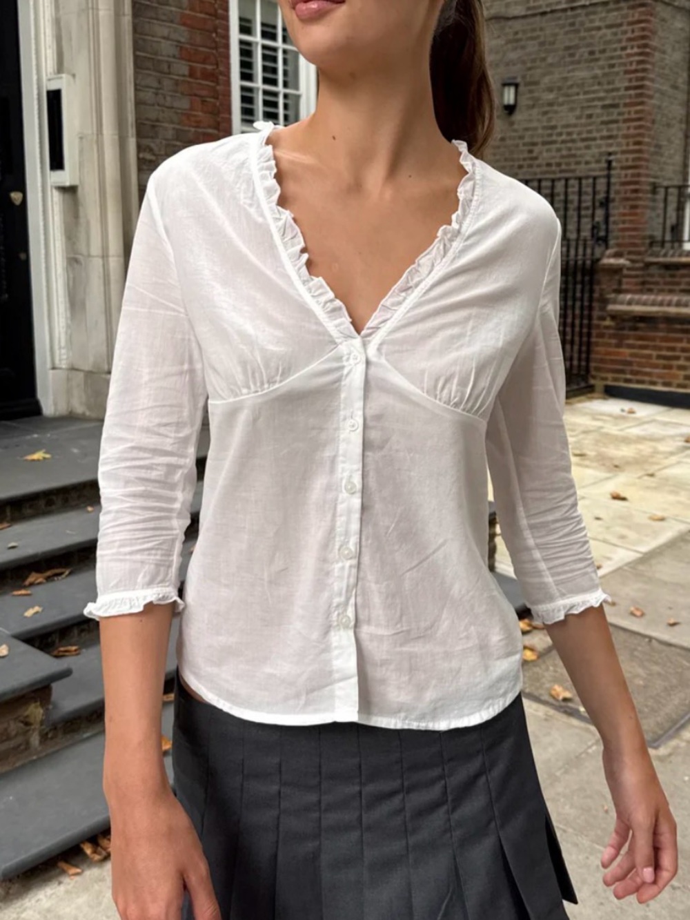 Brandy Melville White Ruffle-Trim Button-Down Blouse